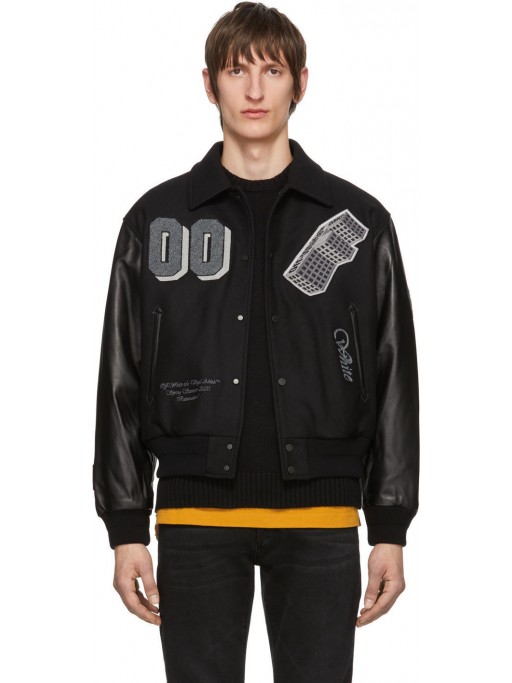 OFF-WHITE Black Leather 'Golden Ratio' Varsity Jacket