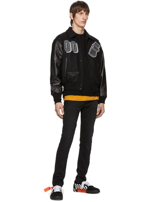 OFF-WHITE Black Leather 'Golden Ratio' Varsity Jacket